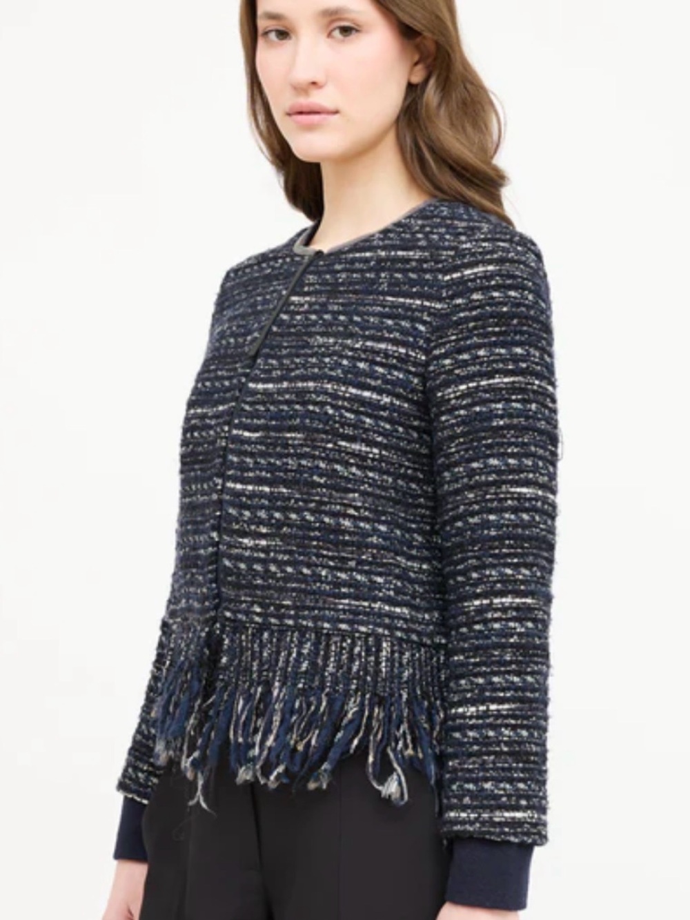 Textured Navy Fringe Hem Tweed Blazer Jacket - Women
